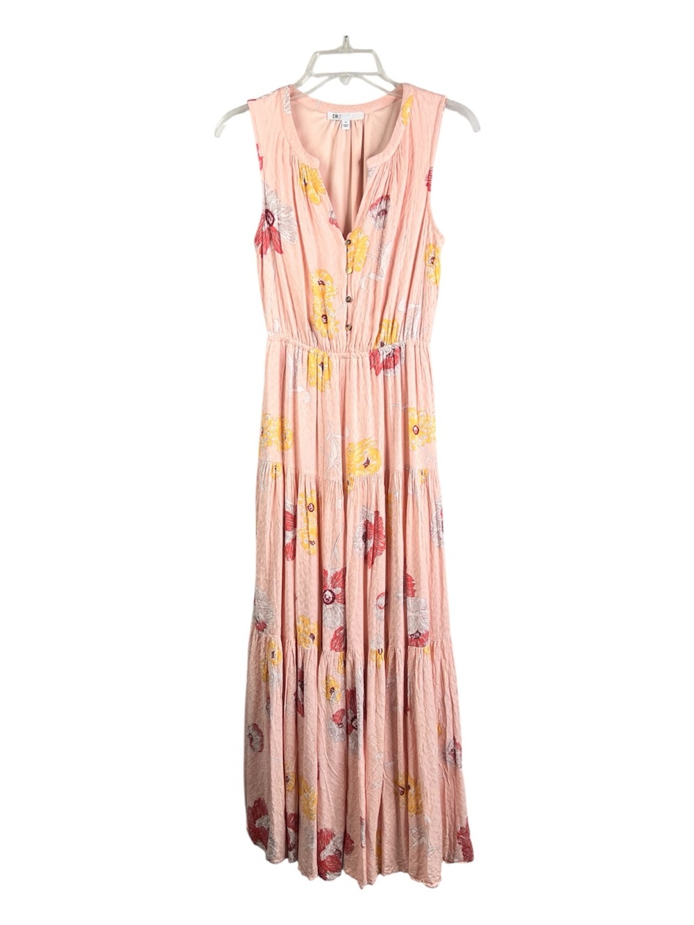D2R PinK/Peach Floral Maxi Split V-Neck Multi-Tiered Dress Boho Style SZ XS